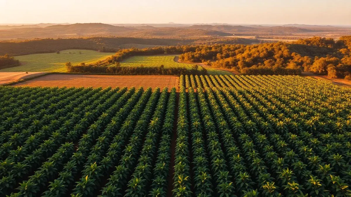 Vista aérea de plantação brasileira com área de preservação florestal ao fundo