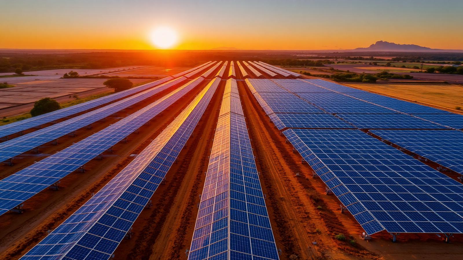 Vista aérea de um grande parque solar no campo brasileiro ao pôr do sol.