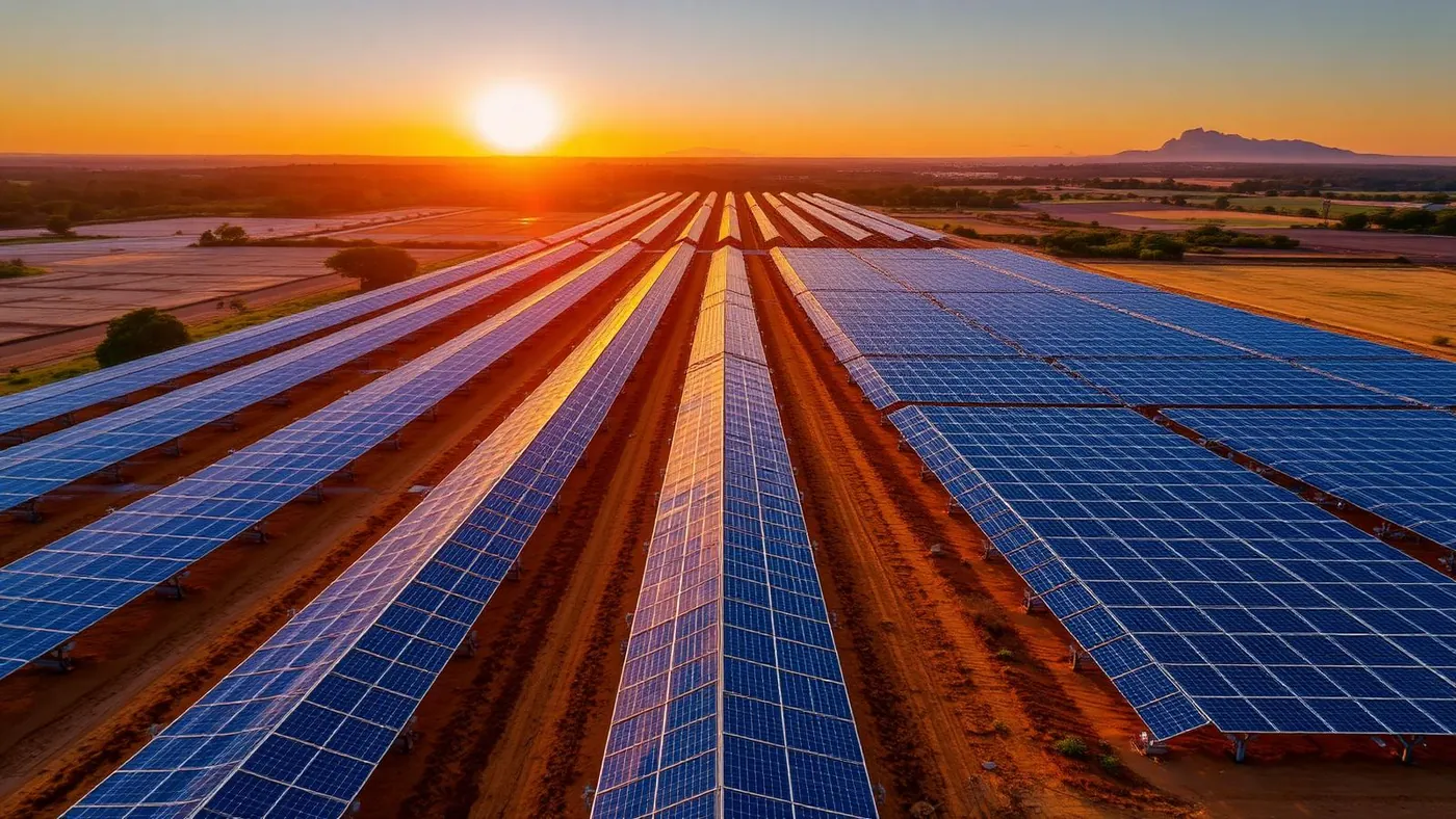 Vista aérea de un gran parque solar en el campo brasileño al atardecer.