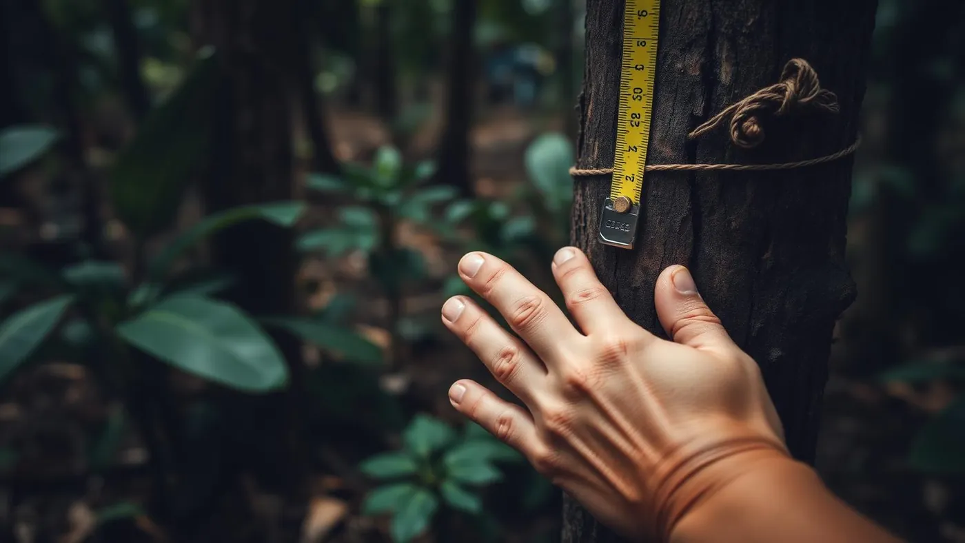 Hands measuring a tree trunk with a tape measure and an identification tag in the rainforest.