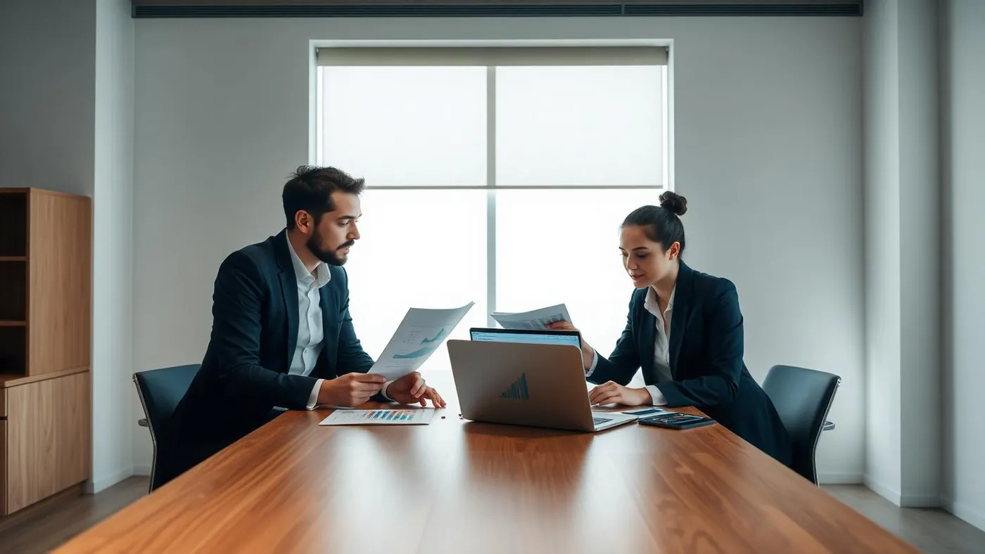 Two executives reviewing reports and charts in a minimalist meeting room.