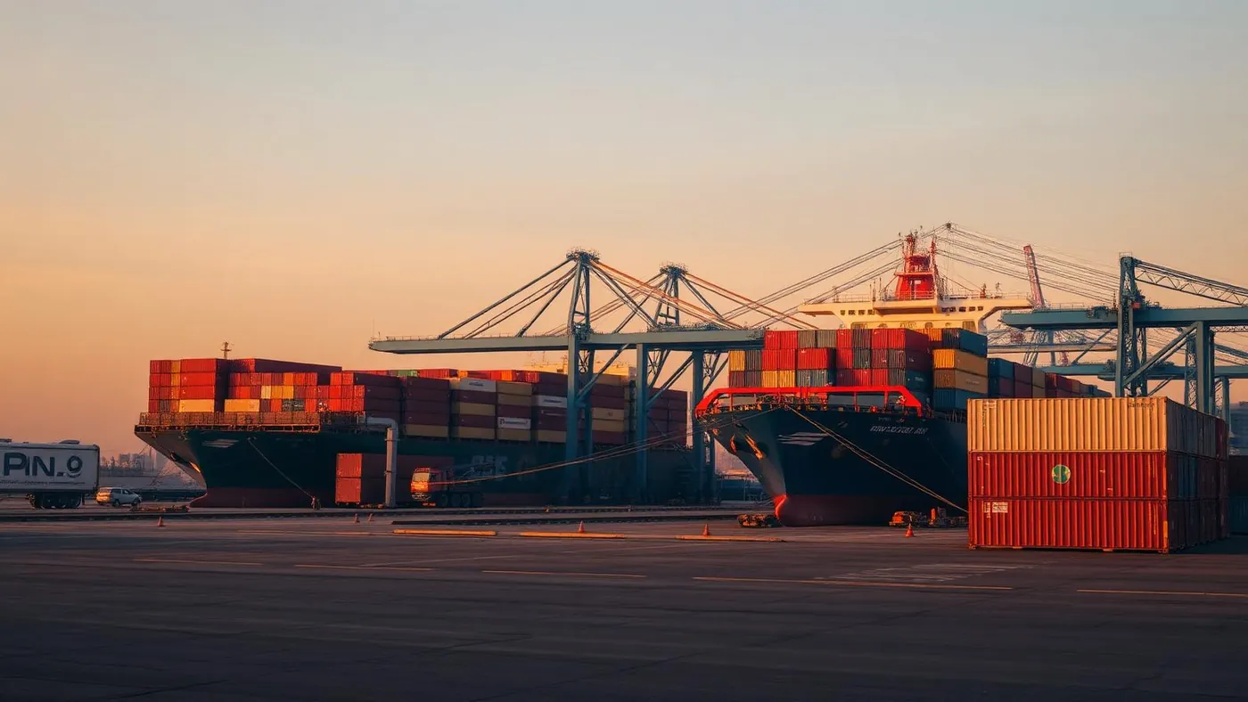 A Brazilian port at dawn with stacked containers and a cargo ship at berth.