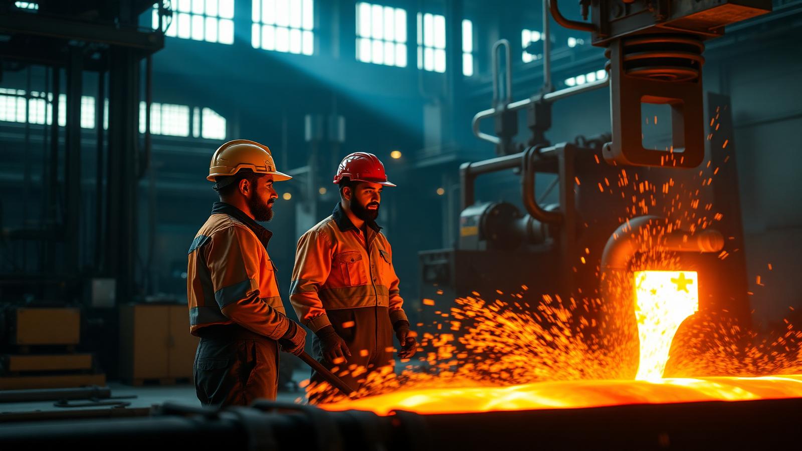 Trabalhadores siderúrgicos com capacete inspecionando o vazamento de metal incandescente em uma usina.