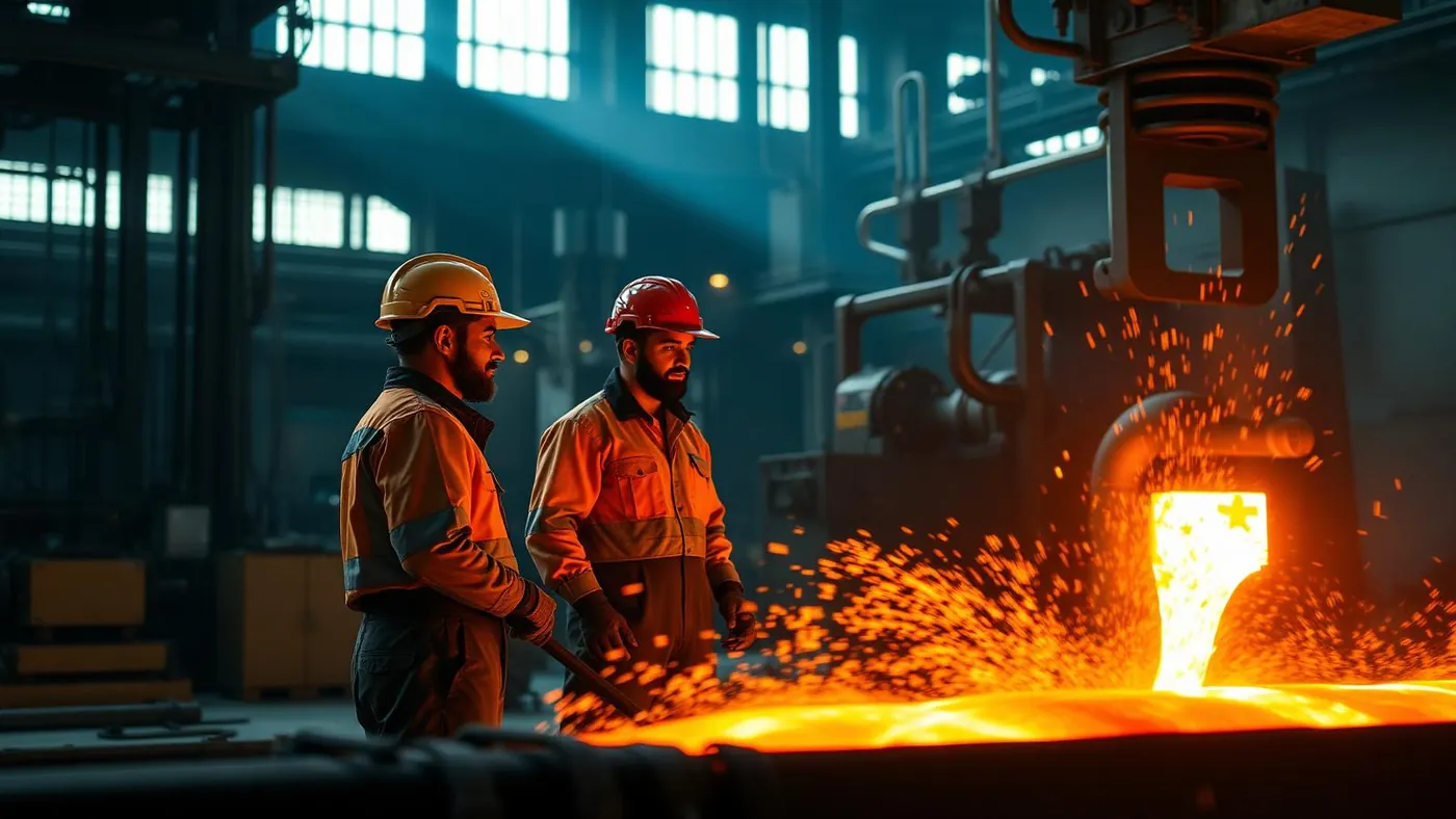 Steelworkers in helmets inspecting molten metal pouring at a mill.