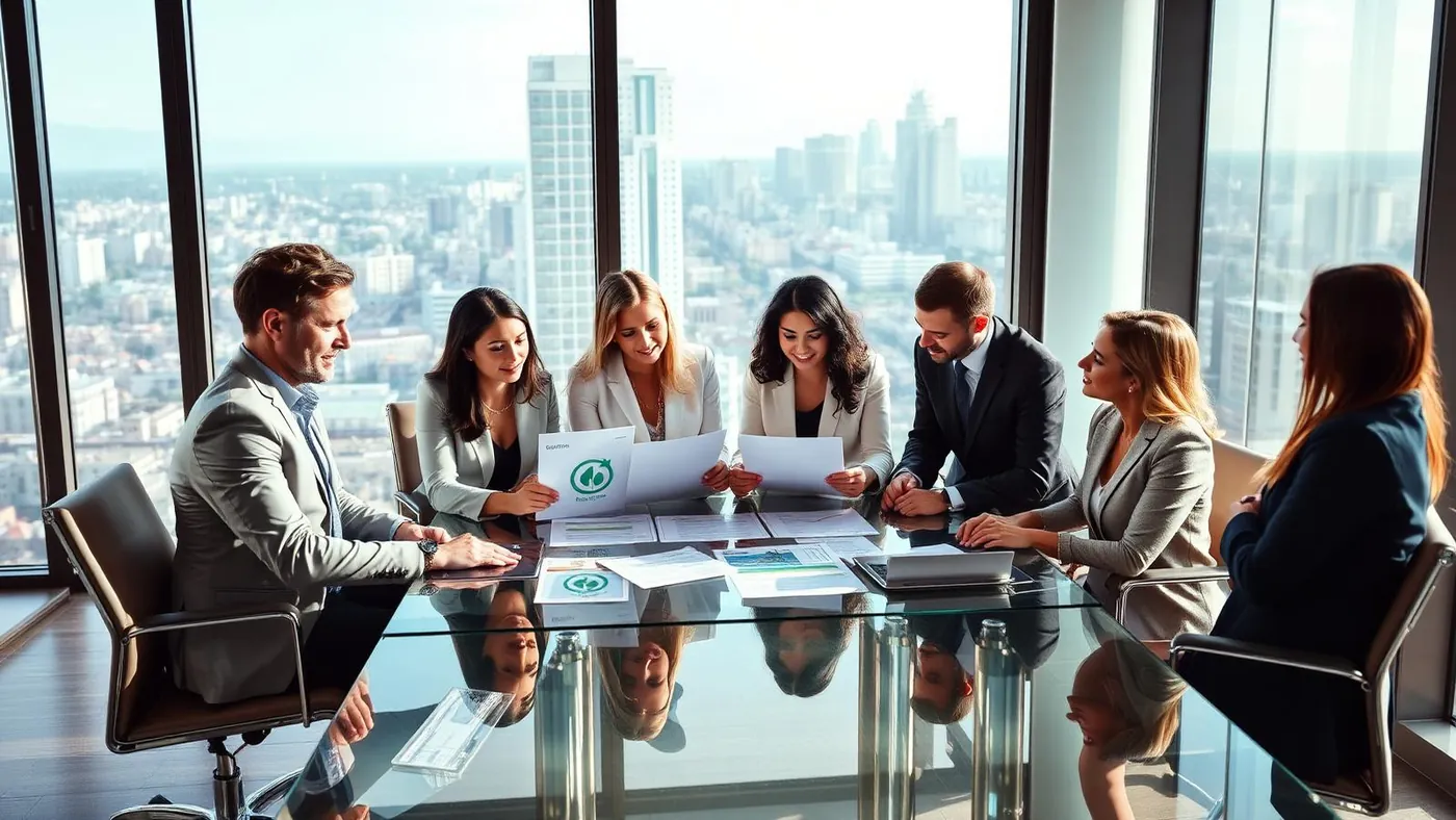 A mixed team of Brazilian and European executives reviewing sustainability documents in a meeting room.