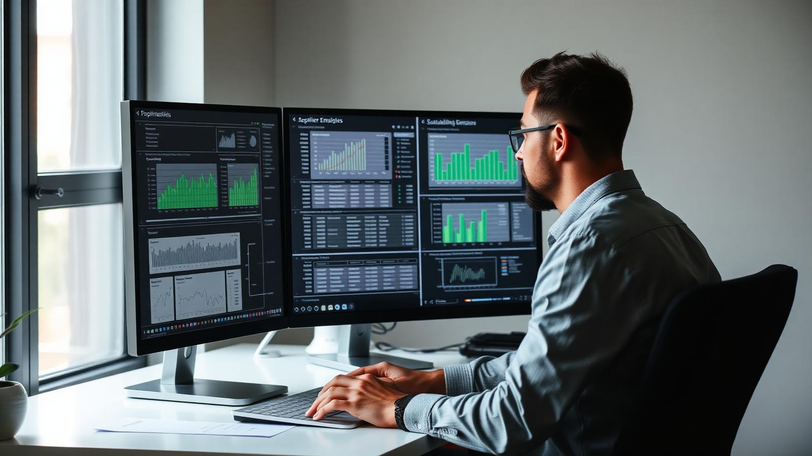 Analista de sustentabilidade revisando dashboards de emissões de fornecedores em monitor duplo.
