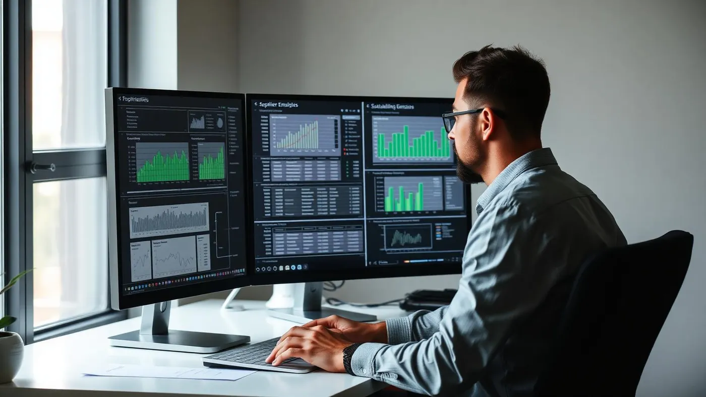 Analista de sostenibilidad revisando paneles de emisiones de proveedores en un monitor doble.