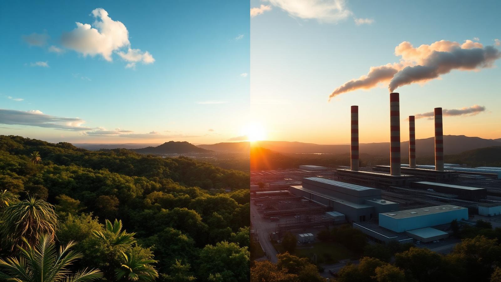 Cena dividida: floresta preservada à esquerda, parque industrial com chaminés à direita, ao pôr do sol.
