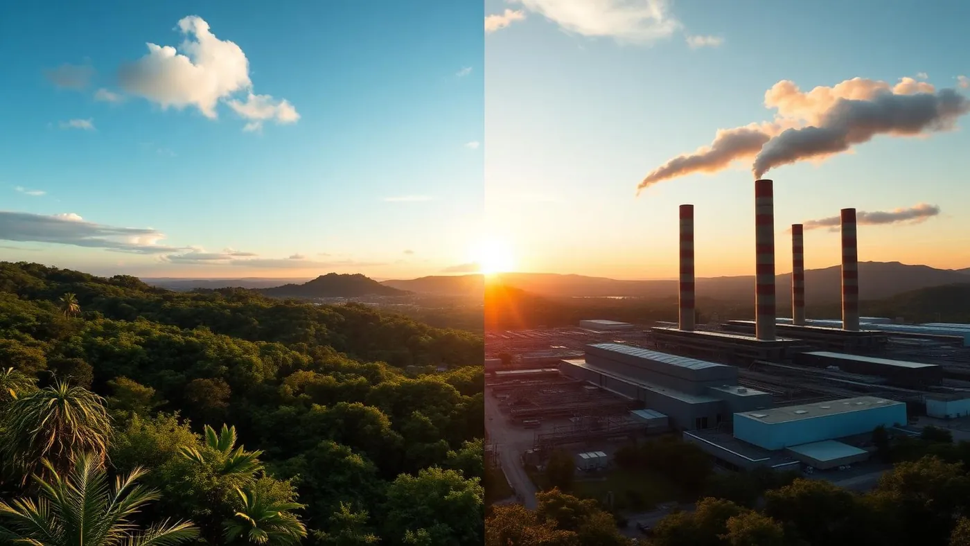 Escena dividida: bosque preservado a la izquierda, parque industrial con chimeneas a la derecha, al atardecer.