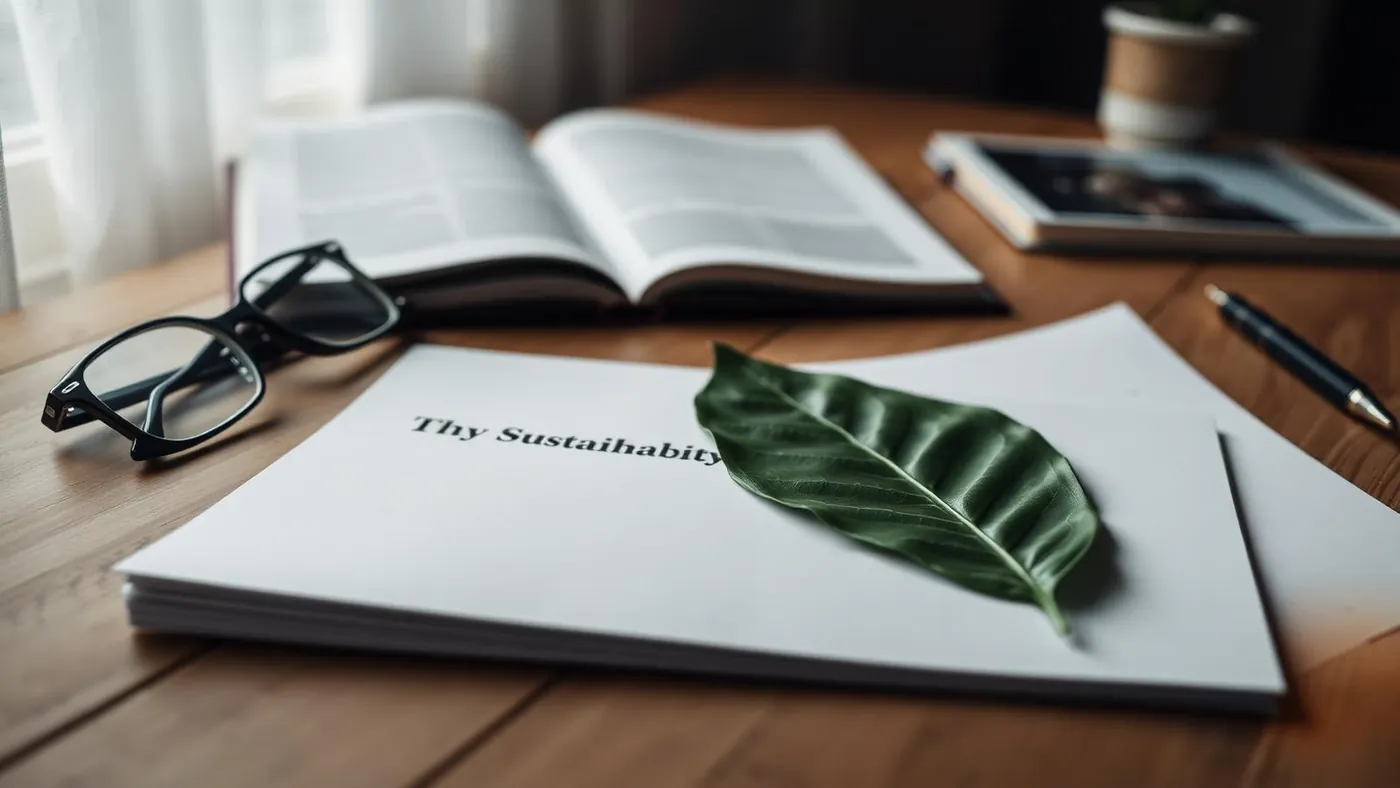Informe de sostenibilidad impreso junto a anteojos, una lapicera y una hoja verde sobre una mesa de madera.