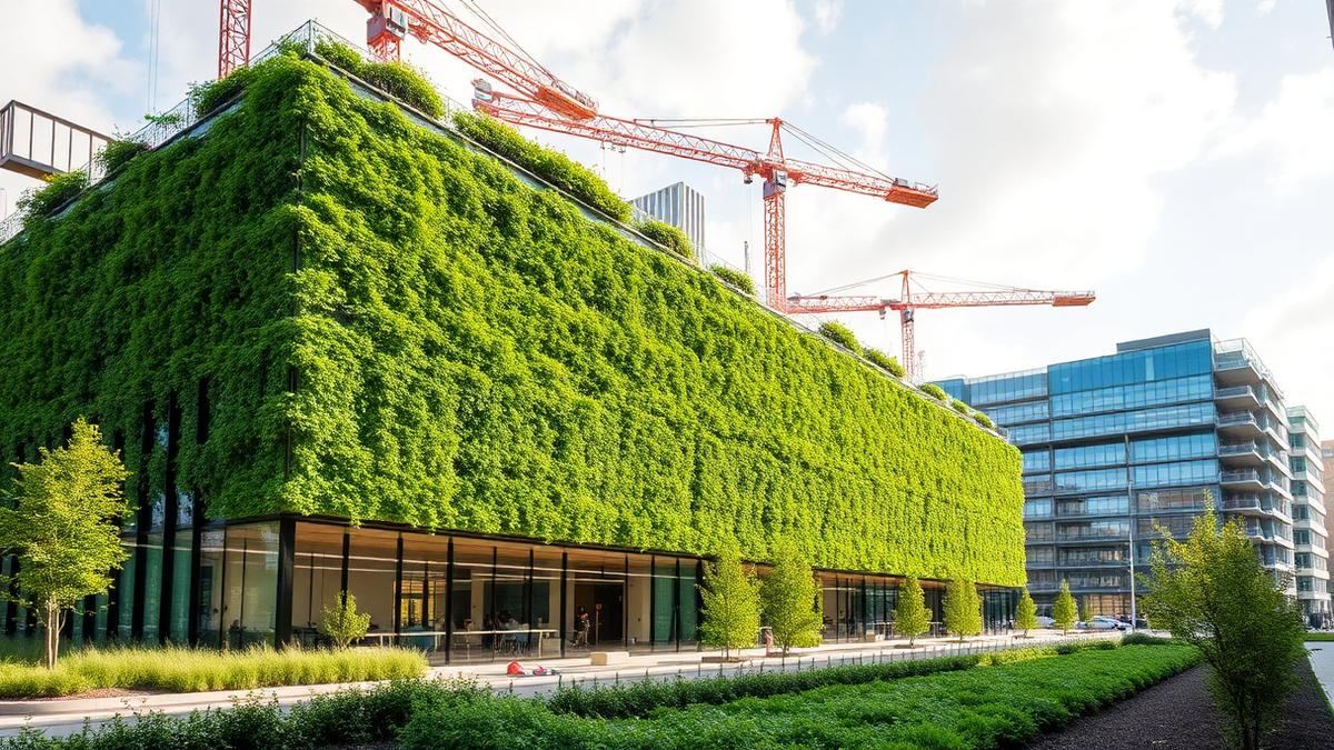 Edificio moderno sostenible con muro verde y grúas de construcción