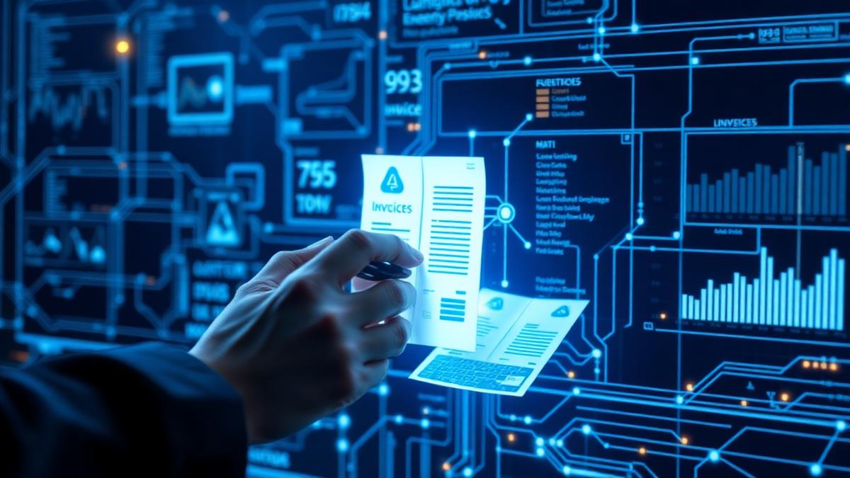 Mão segurando documento sendo processado por interface de inteligência artificial