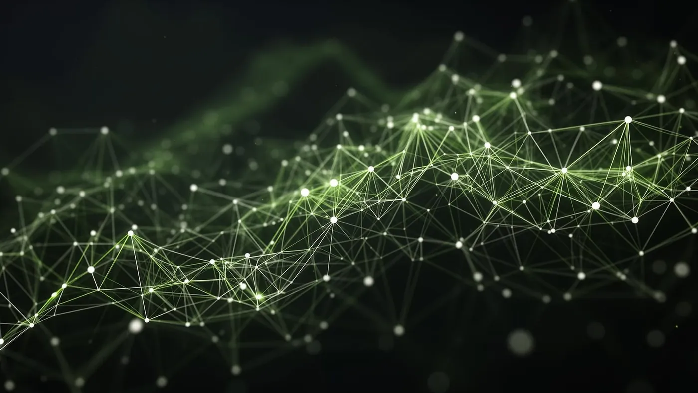 An abstract network of nodes and connections in luminous green, standing for the complexity of value chain emissions (Scope 3).