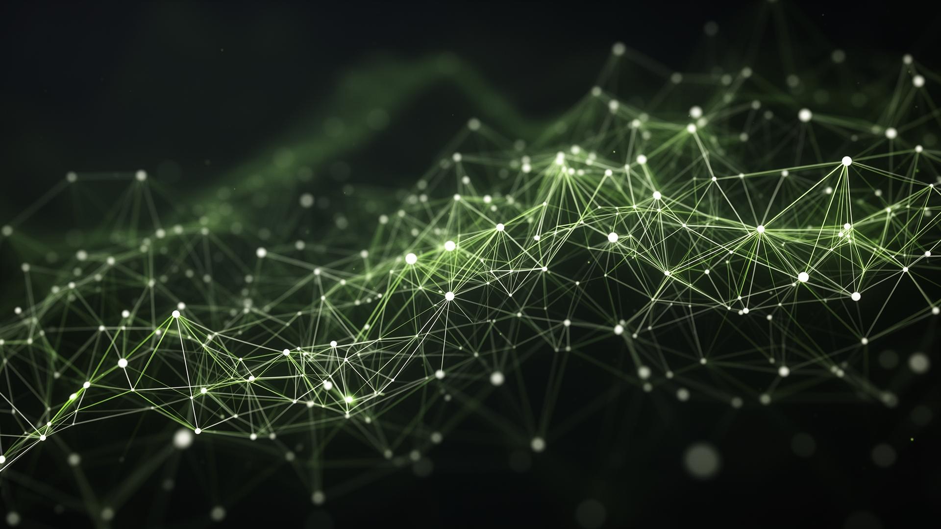 Rede abstrata de nós e conexões em verde luminoso representando a complexidade das emissões da cadeia de valor (Escopo 3).
