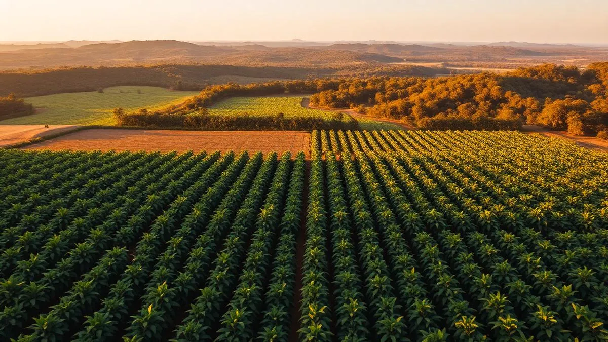 Aerial view of a Brazilian farm with a preserved forest area behind it