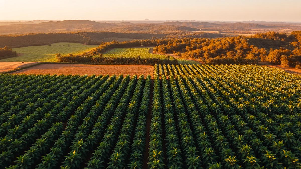 Vista aérea de plantação brasileira com área de preservação florestal ao fundo