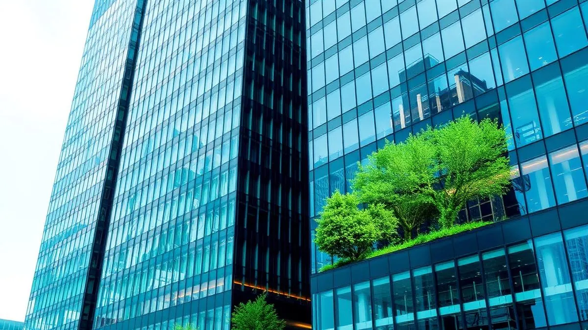 Edificio corporativo financiero con elementos verdes de sostenibilidad