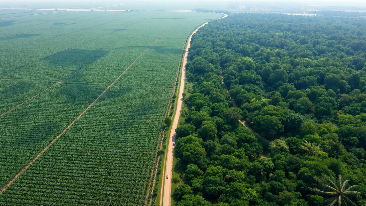 Vista aérea de un campo de soja junto a bosque preservado, contraste entre agricultura y conservación