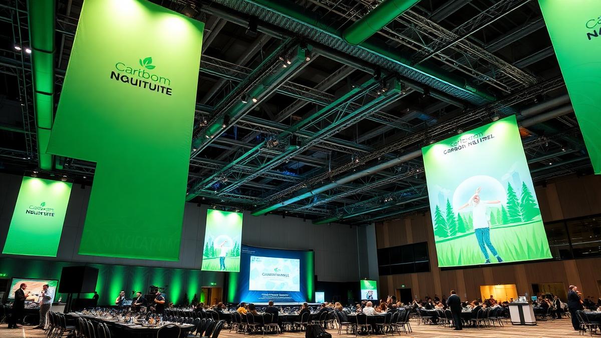 Grande evento corporativo com banners de sustentabilidade e compensação de carbono