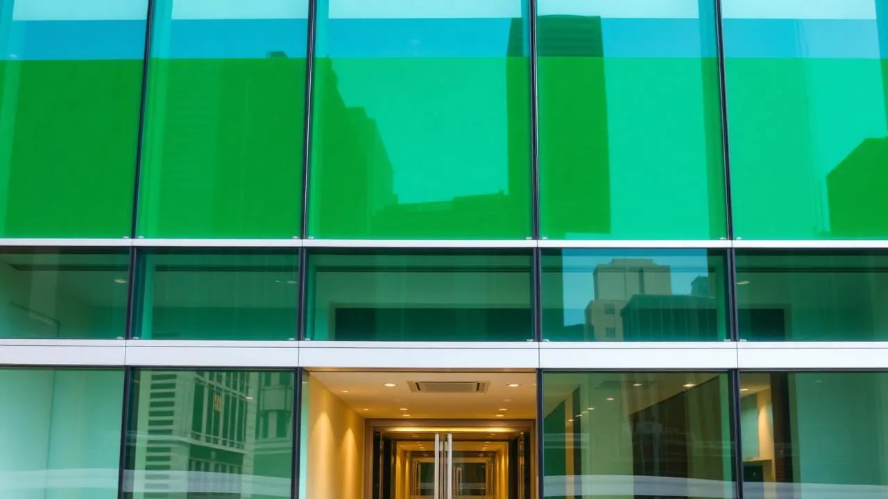 Fachada de edificio bancario con vidrios verdes, como imagen de las finanzas sostenibles