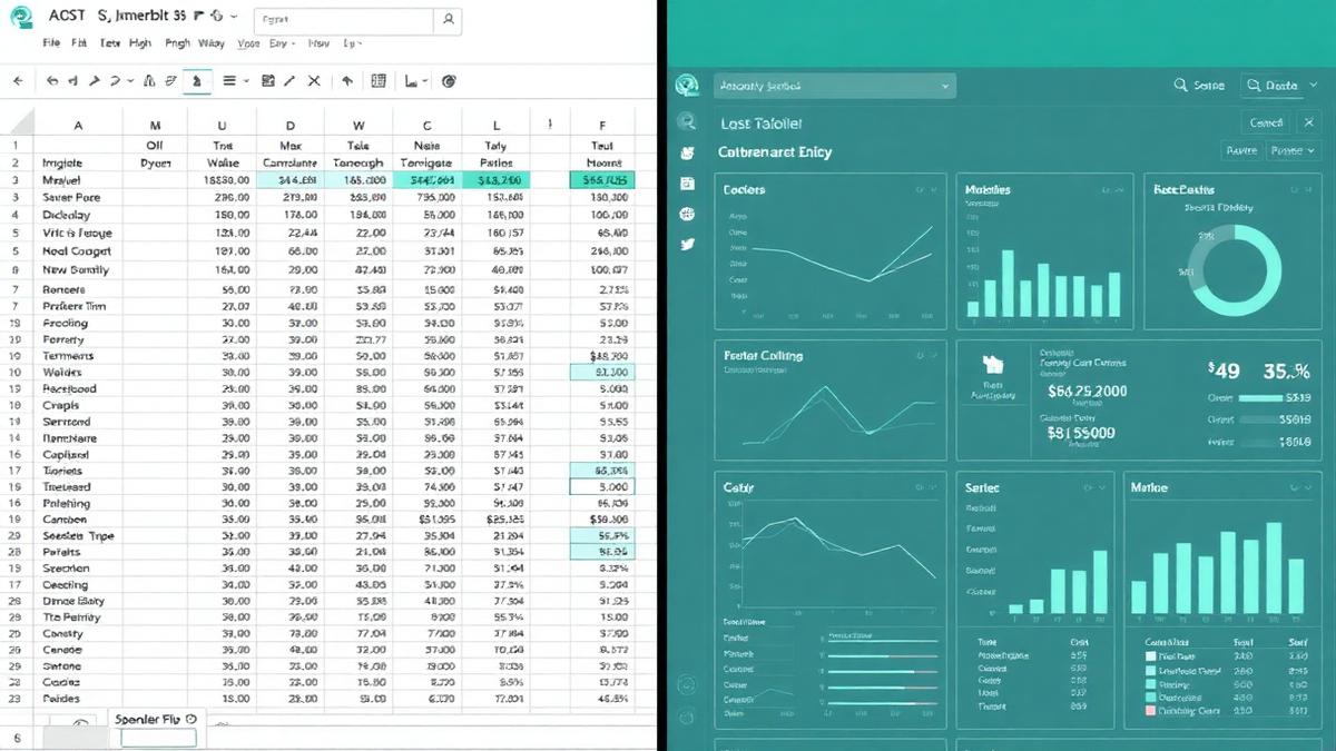 Comparação visual entre planilha caótica e dashboard moderno de gestão de carbono