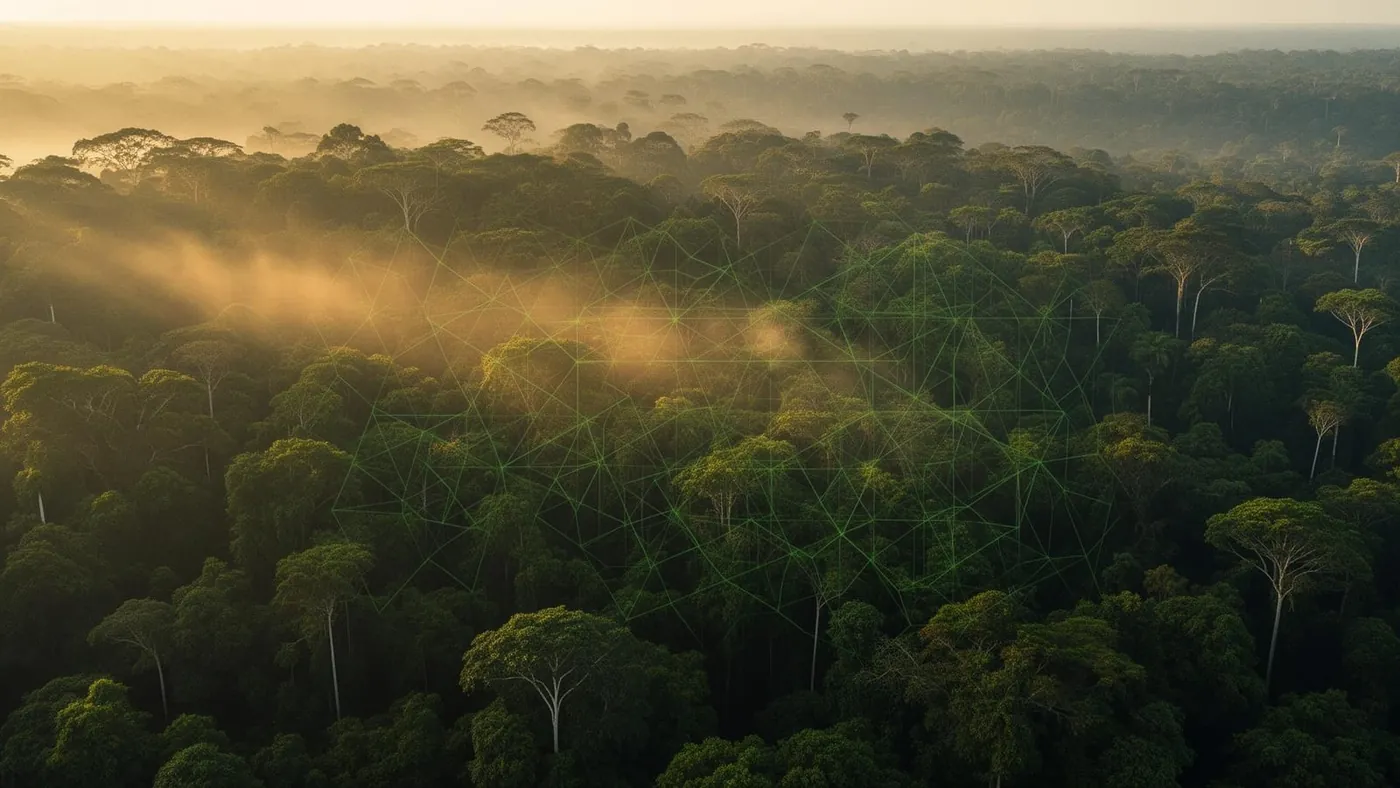 Vista aérea da floresta amazônica ao amanhecer com sobreposição geométrica verde representando o monitoramento por satélite de estoques de carbono.