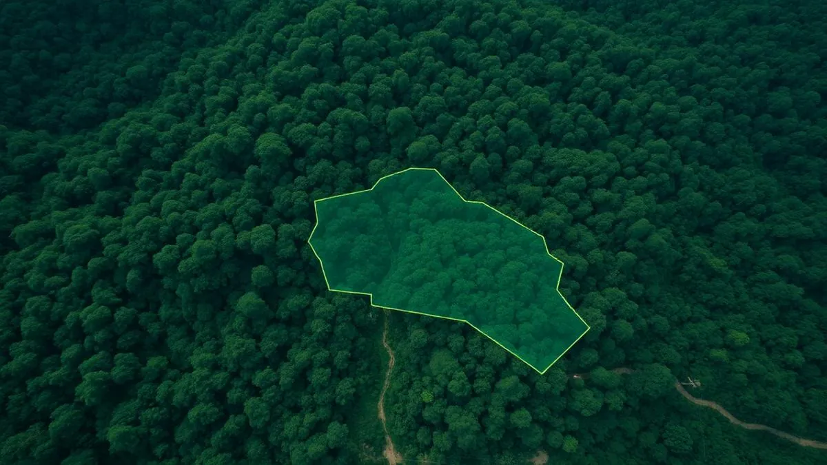 Vista aérea de floresta amazônica com delimitação de projeto REDD+