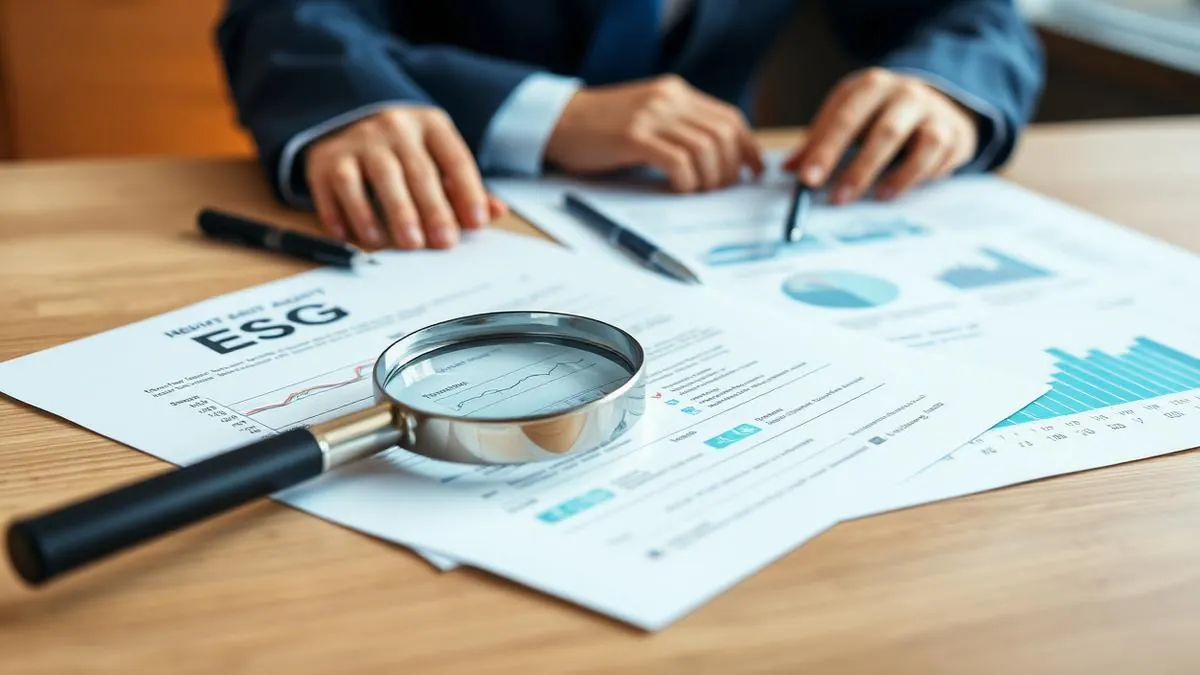 Auditores analisando relatório ESG com lupa sobre gráficos e dados