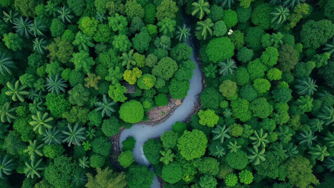 Vista aérea de selva tropical con un río sinuoso, que representa la biodiversidad y la naturaleza