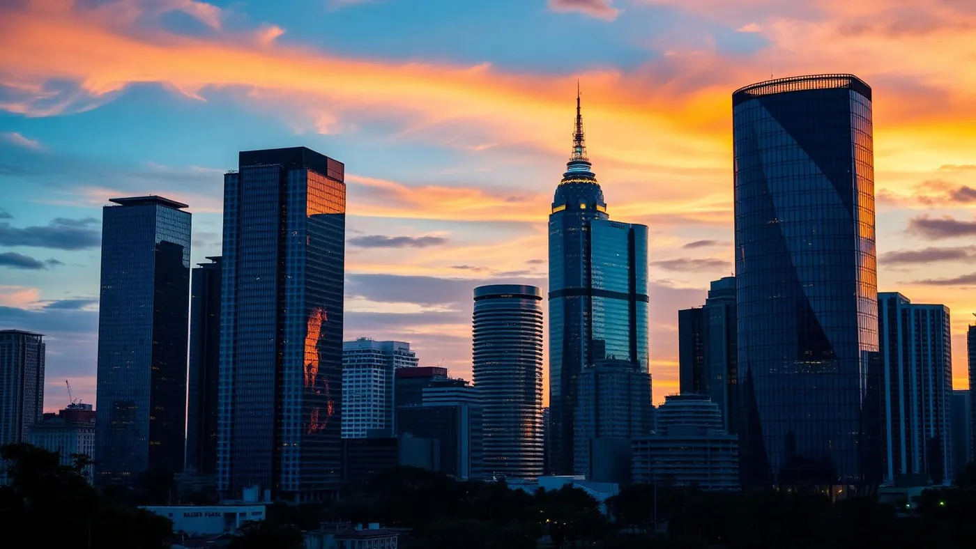 Skyline financeiro brasileiro ao entardecer, com arranha-céus de vidro refletindo o céu laranja.