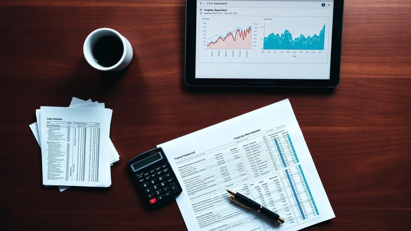Mesa de CFO vista de cima: relatórios financeiros, calculadora, tablet com dashboard de gráficos e caneta.