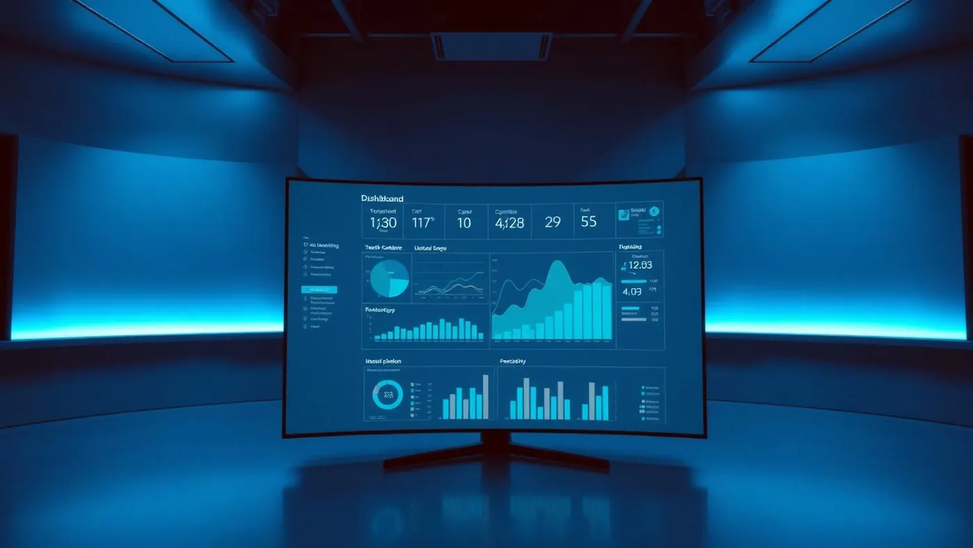 Tela curva grande exibindo um dashboard minimalista de sustentabilidade em sala de operações com luz azul.