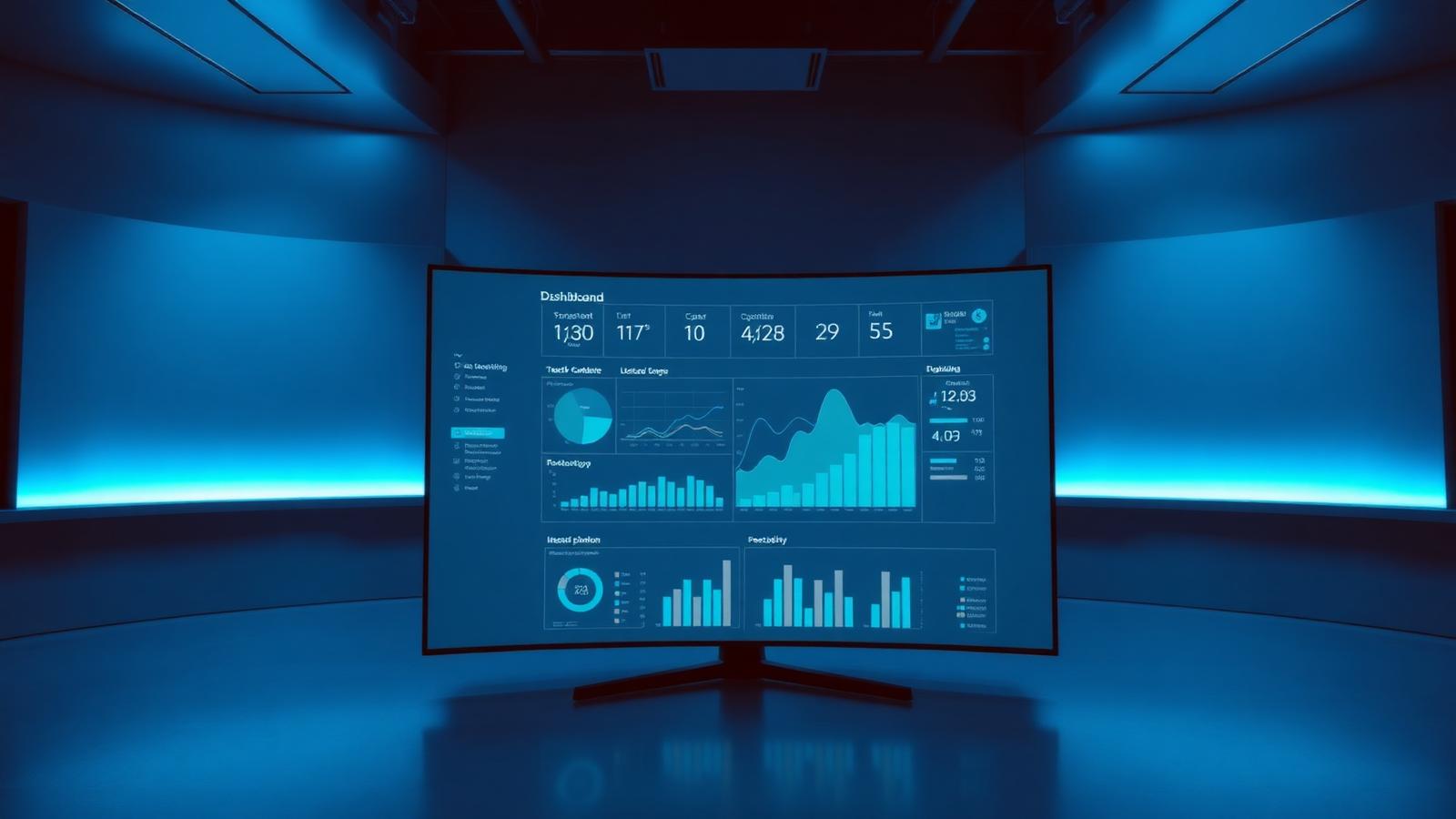 Tela curva grande exibindo um dashboard minimalista de sustentabilidade em sala de operações com luz azul.