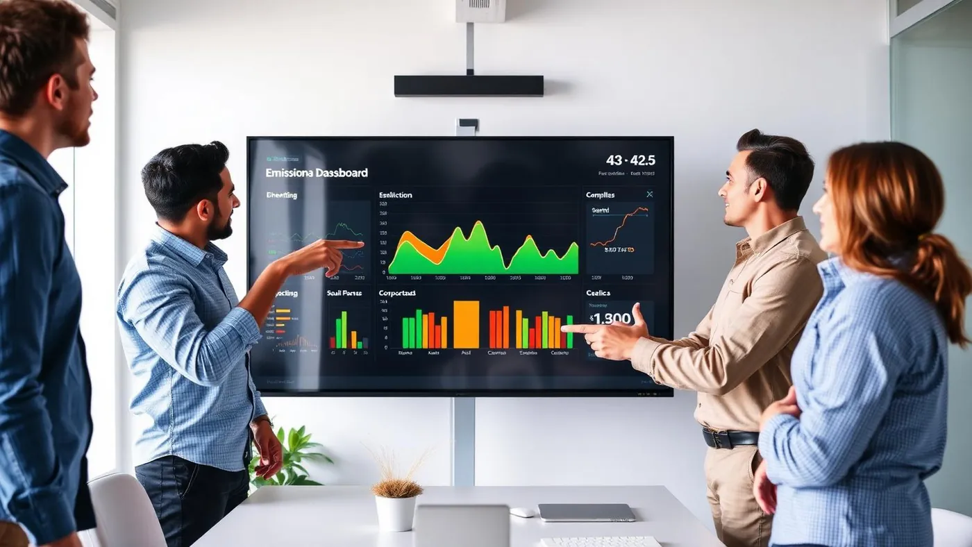 Equipe de sustentabilidade analisando dashboard corporativo de emissões em uma tela grande no escritório.