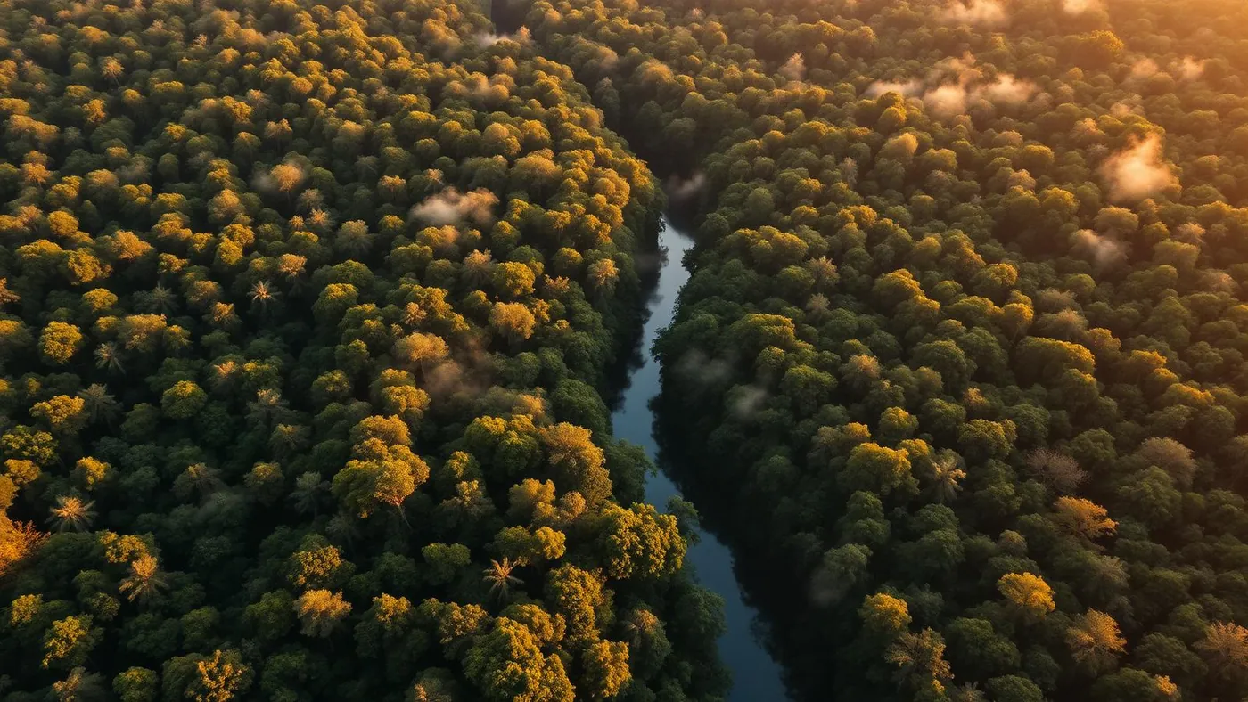 Aerial view of preserved Amazon rainforest at dawn, with a winding river crossing the green canopy.