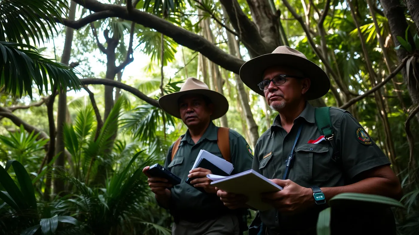 A forest monitoring team and local community in the field in the Amazon, with GPS units and notebooks.