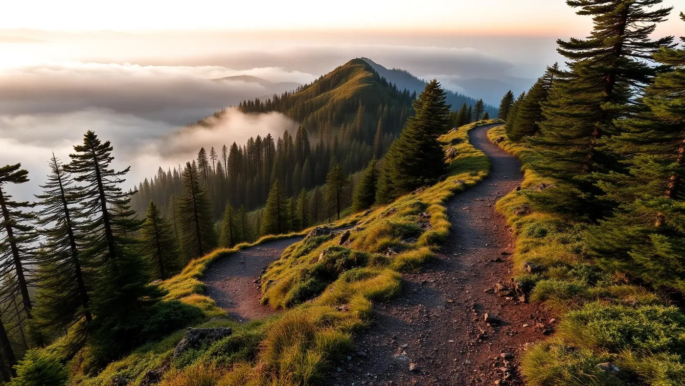 A winding mountain trail climbing through the Atlantic Forest at dawn, with soft mist in the valley.
