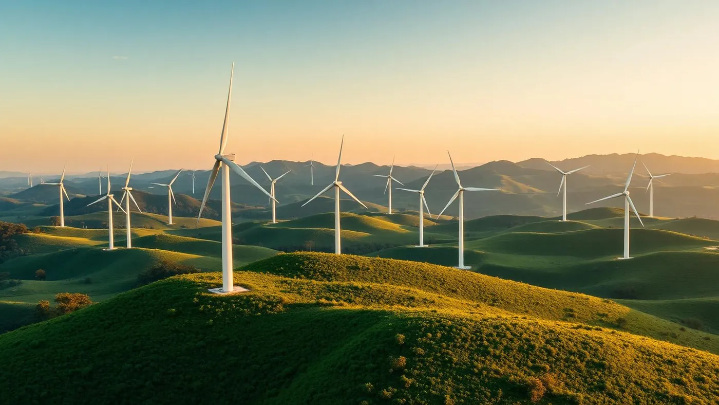 A wind farm on green Brazilian hills at dawn, white turbines in a row.